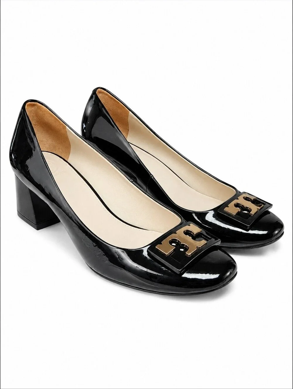 TORY BURCH | Black Patent Leather Gold Logo Block Heel Pumps Size 8M